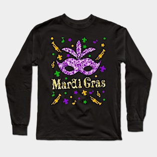 Mardi Gras 2024  Womens Girls Mask Beads New  Party Long Sleeve T-Shirt